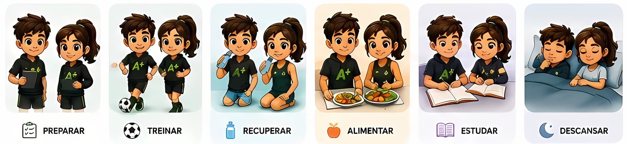 Kiko e Kika em seis momentos do dia: preparar, treinar, recuperar, alimentar, estudar e descansar